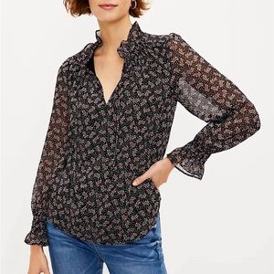 NWT! LOFT Floral Smocked Ruffle Tie Neck Blouse